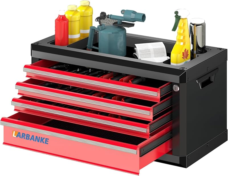 Caja de herramientas portátil de 4 cajones con asa, Caja de herramientas con cerradura, Rojo | Mango portátil, cerradura y llaves, encimera impermeable y resistente al óxido, revestimientos antiarañazos, esquina anticolisión, hebilla de conexión
