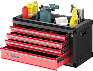Caja de herramientas portátil de 4 cajones con asa, Caja de herramientas con cerradura, Rojo | Mango portátil, cerradura y llaves, encimera impermeable y resistente al óxido, revestimientos antiarañazos, esquina anticolisión, hebilla de conexión