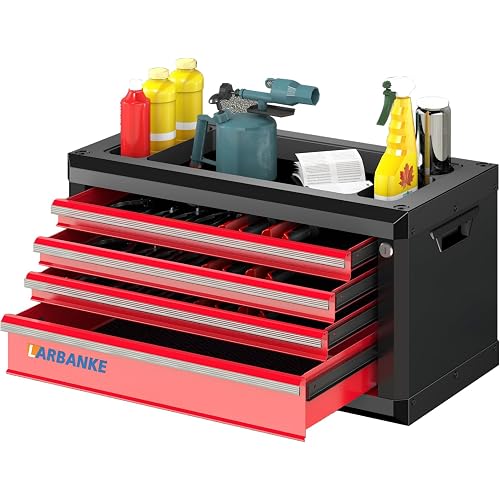 LARBANKE 4-Drawer Tool Box, Portable Tool Box with Lock&Keys,Toolbox with Waterproof and Rust-resistant Countertop,Anti-collision Corner,Special Connection Rods for Stacking with 5/7-Drawer Tool Chest