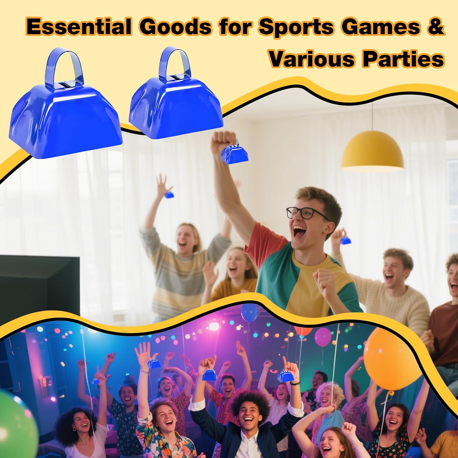 4PCS Metal Cow Bells Noisemakers, 3 Inch Loud Cow Bell Noise Makers for Sporting Events Party Favors with Handles, Great for Football Competitions, Sports Games, Celebration Parties (Blue) image 4