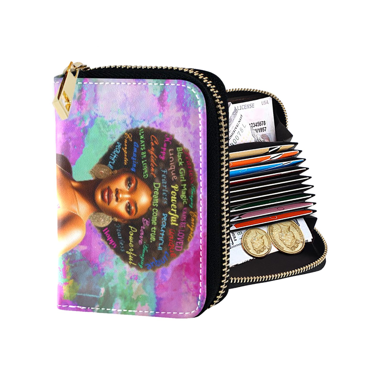 JKDY African woman RFID Credit Card Holder Wallets for Women, Leather Zipper Card Case Accordion Wallet for Ladies Gift (Color-A05)