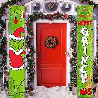 Grinch Christmas Decorations Grinch Porch Sign Door Banner Merry Grinchmas Theme Photography Yard Sign Banner Supplies For Home Office Fireplace Christmas New Year Party Decorations
