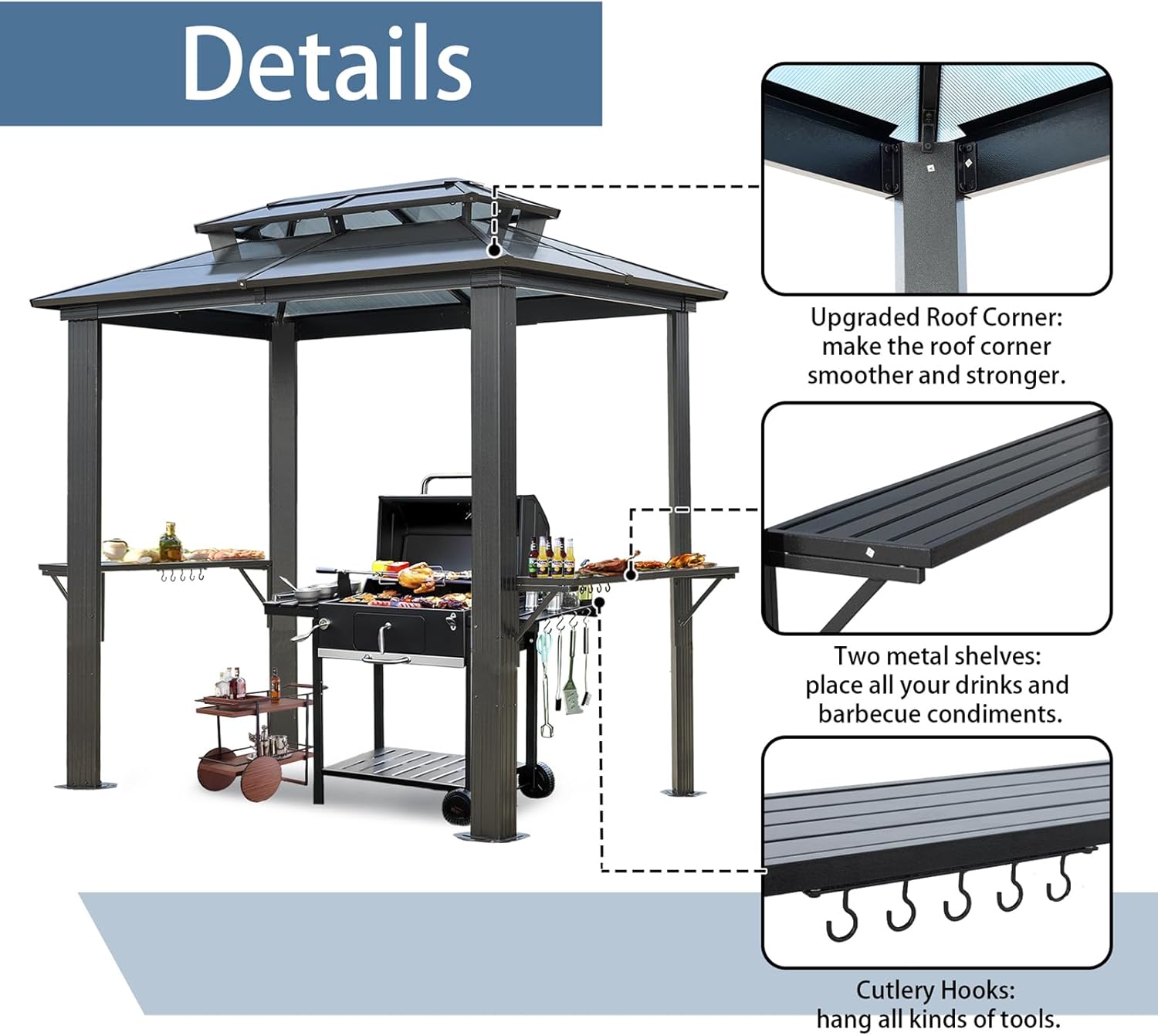 Endark 8'x5' Grill Hardtop Polycarbonate Gazebo with Double Roof, Aluminum Frame and Galvanized Steel Construction, Ideal for Patio, Lawn, and Backyard