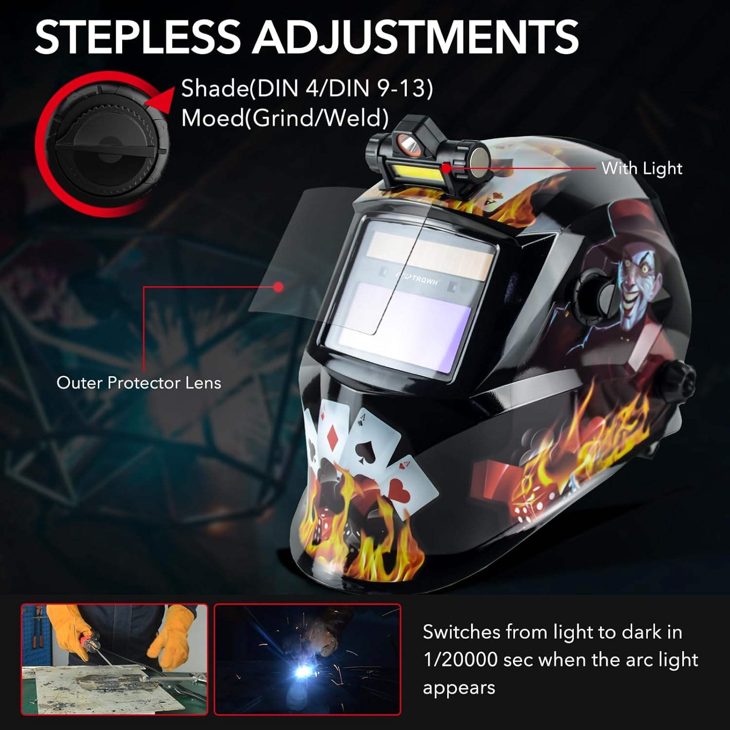 An auto-darkening welding helmet with a unique design and a light