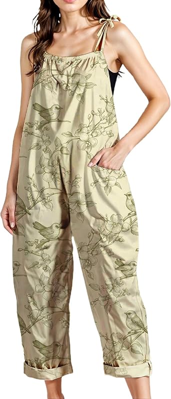 BIVENANT Womens Floral Bib Overalls Sleeveless Wide Leg Jumpsuits with Pockets Boho Romper Casual One Piece Outfits