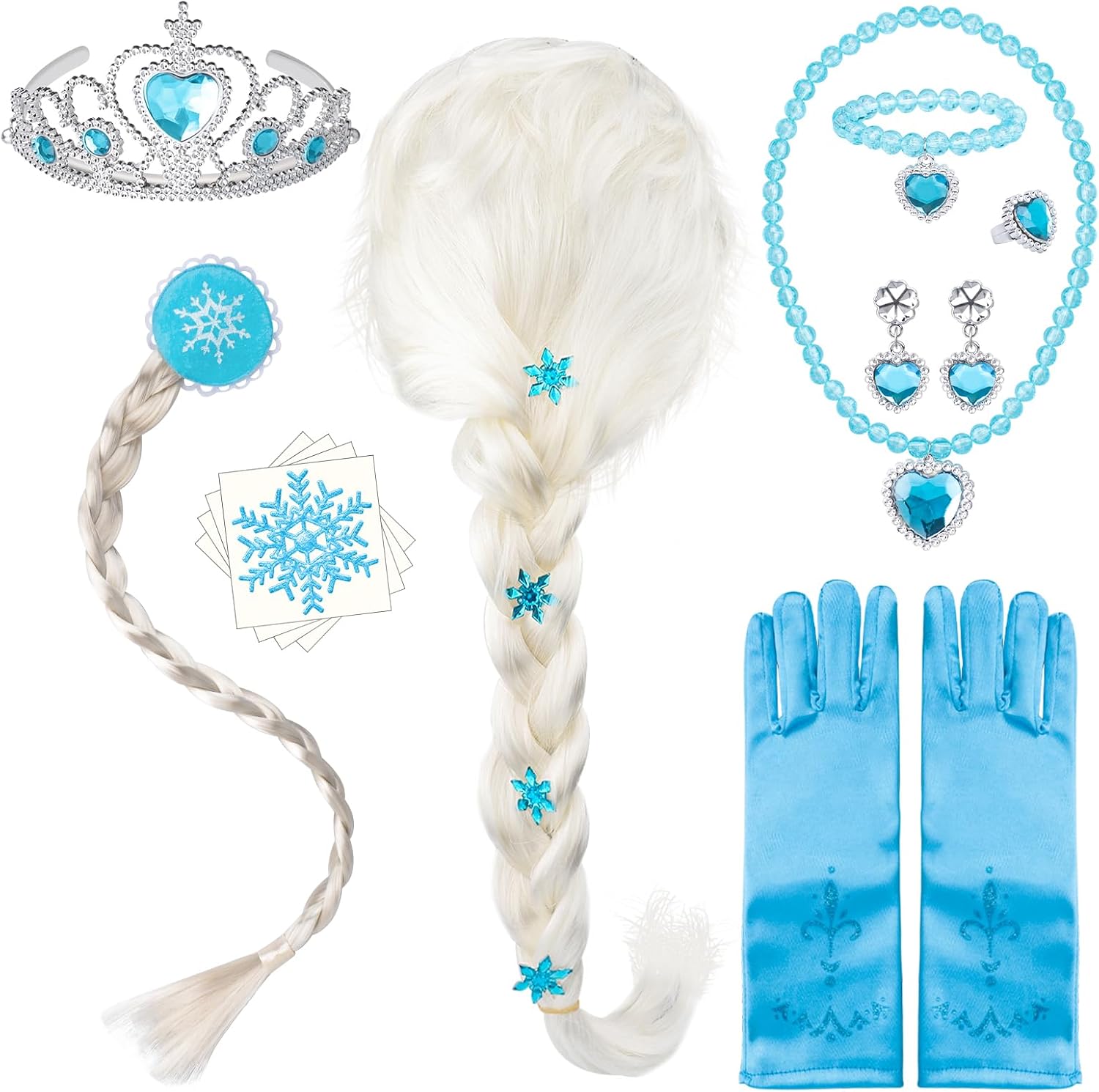 Princess Dress Up Accessories Set Ice Queen Jewelry Hair Kit Wig Braid Crown Gloves Necklace Bracelet Earrings Ring Snowflake Stickers