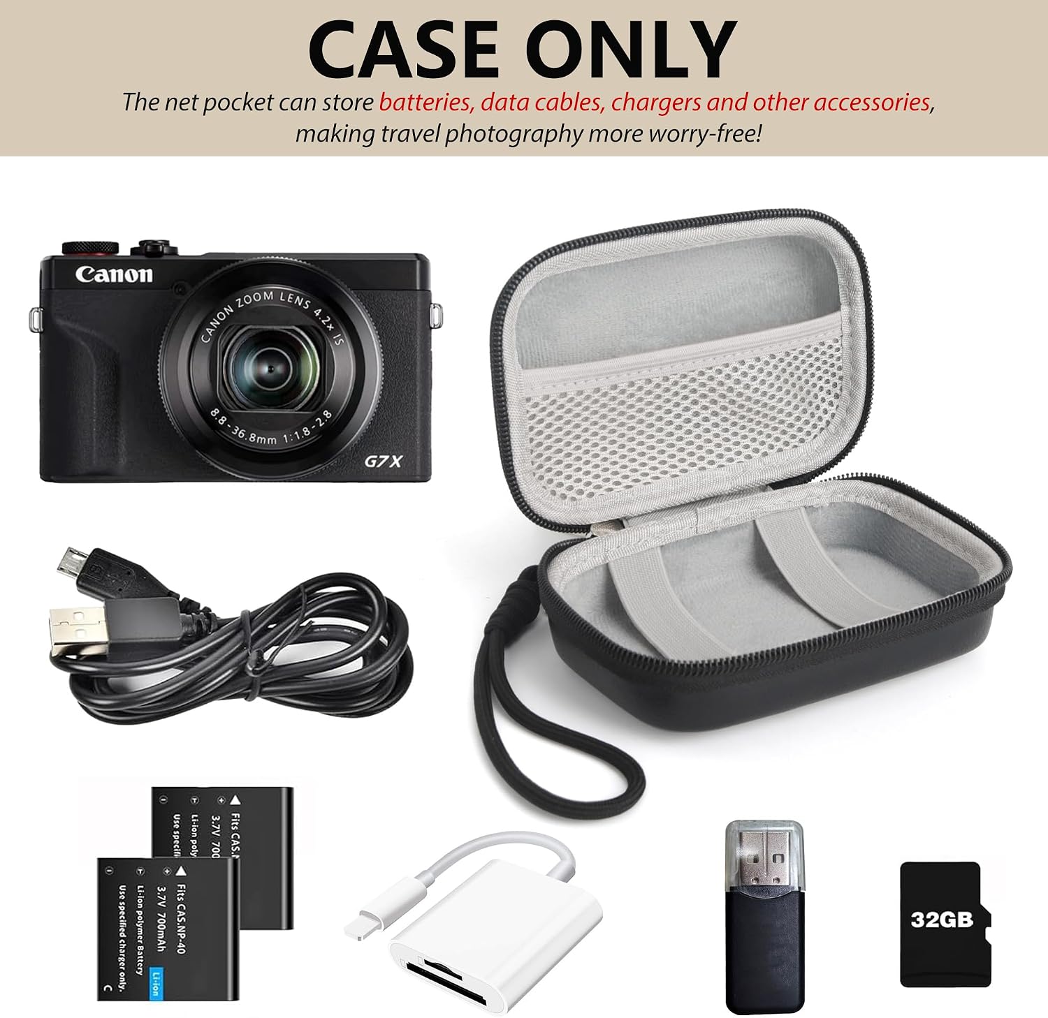 Digital Camera Case Compatible with Canon Powershot G7X Mark II & III/ SX740/ Sony ZV-1/ RX100 VII, Compact Travel Point & Shoot 4K Vlog Cameras Storage Holder with Lanyard (Black)