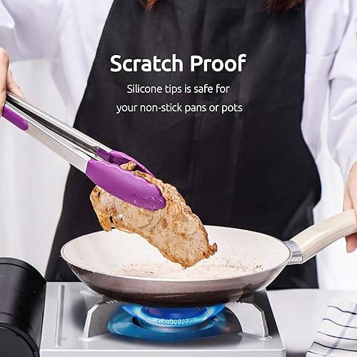 Miniatura 9 de U-Taste Juego de tazas y cucharas medidoras de acero inoxidable 188 y juego de pinzas de cocina de alta resistencia al calor de 600F (morado)