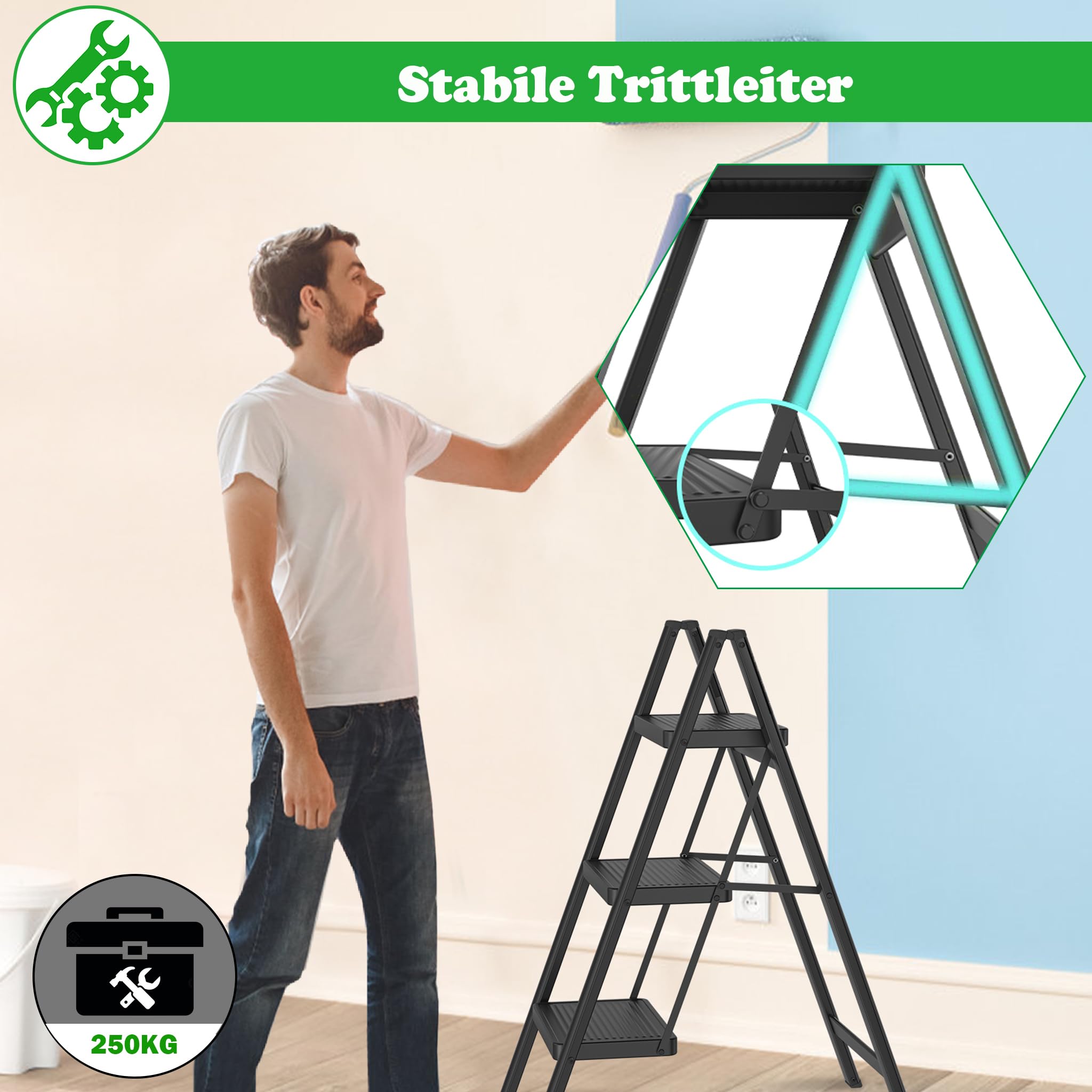 SUBTLETY Escabeau pliable en métal à 4 marches avec pédale antidérapante - Charge maximale : 250 kg - Pour entrepôt, jardin, maison