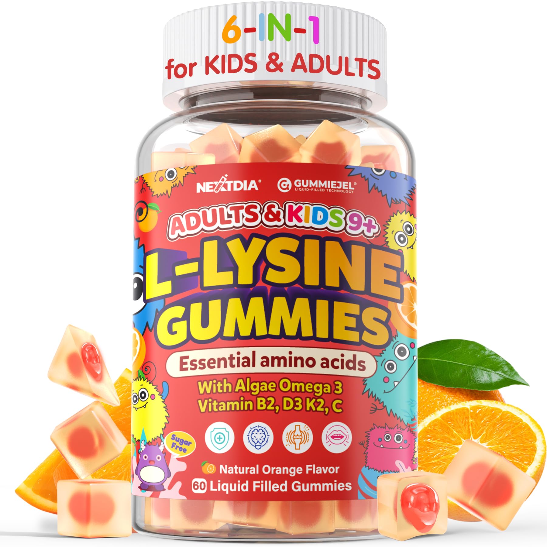 L-Lysine Gummies 500/1000mg with Algae Omega 3, Vitamin B2, D3, K2, C for Kids 9+, Teen & Adult, Lysine Supplement Support Immune, Lip & Oral,