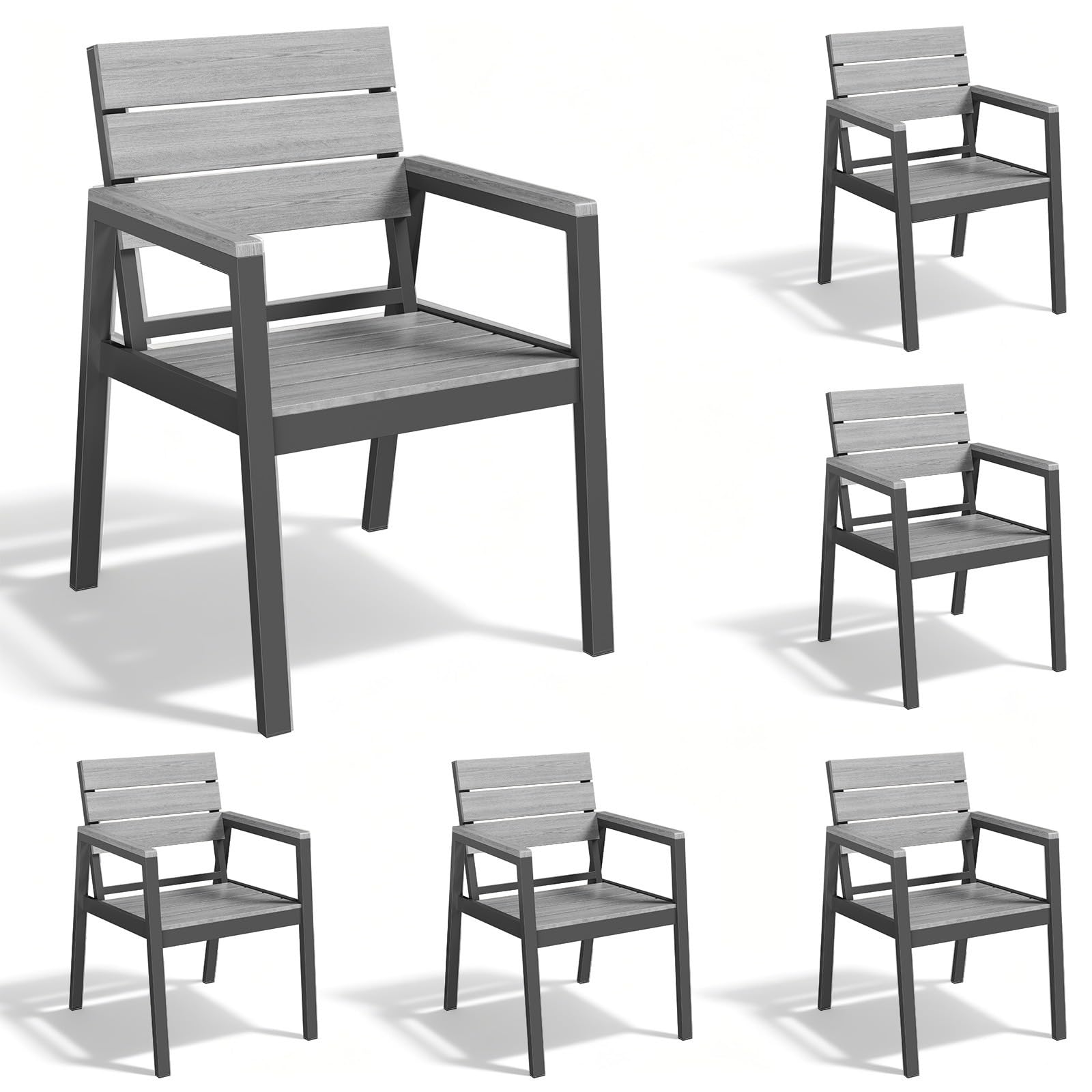 Devoko Chaises de Jardin Lot de 6, HDPS Chaises d'Extérieur en Aluminium Résistantes Imperméables avec Finition à Veine de Bois, Assise de Taille Améliorée Supportant 160 kg, Faciles à Nettoyer, Gris