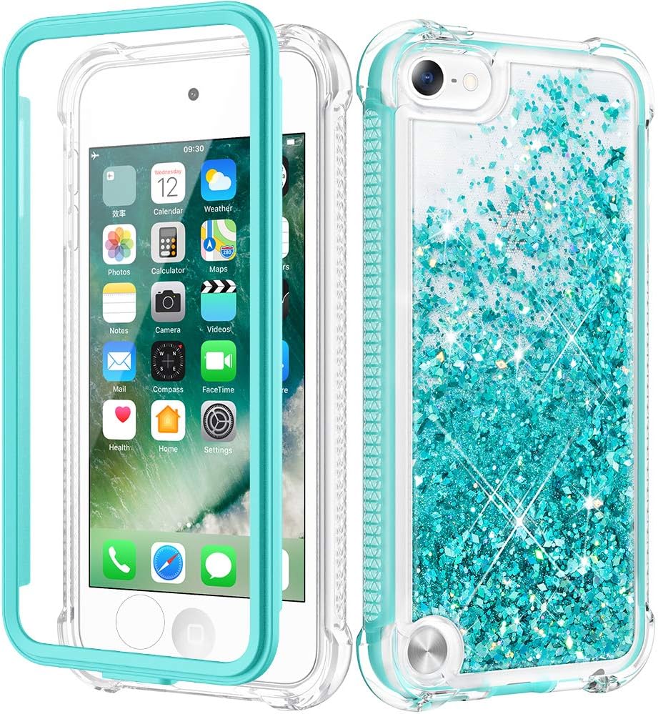 Caka iPod Touch 5 6 7 Case, iPod Touch Case 5th 6th 7th Generation for Girls Glitter Full Body Case with Screen Protector Bling Floating Liquid Cute Case for iPod Touch 5 6 7 (Teal)