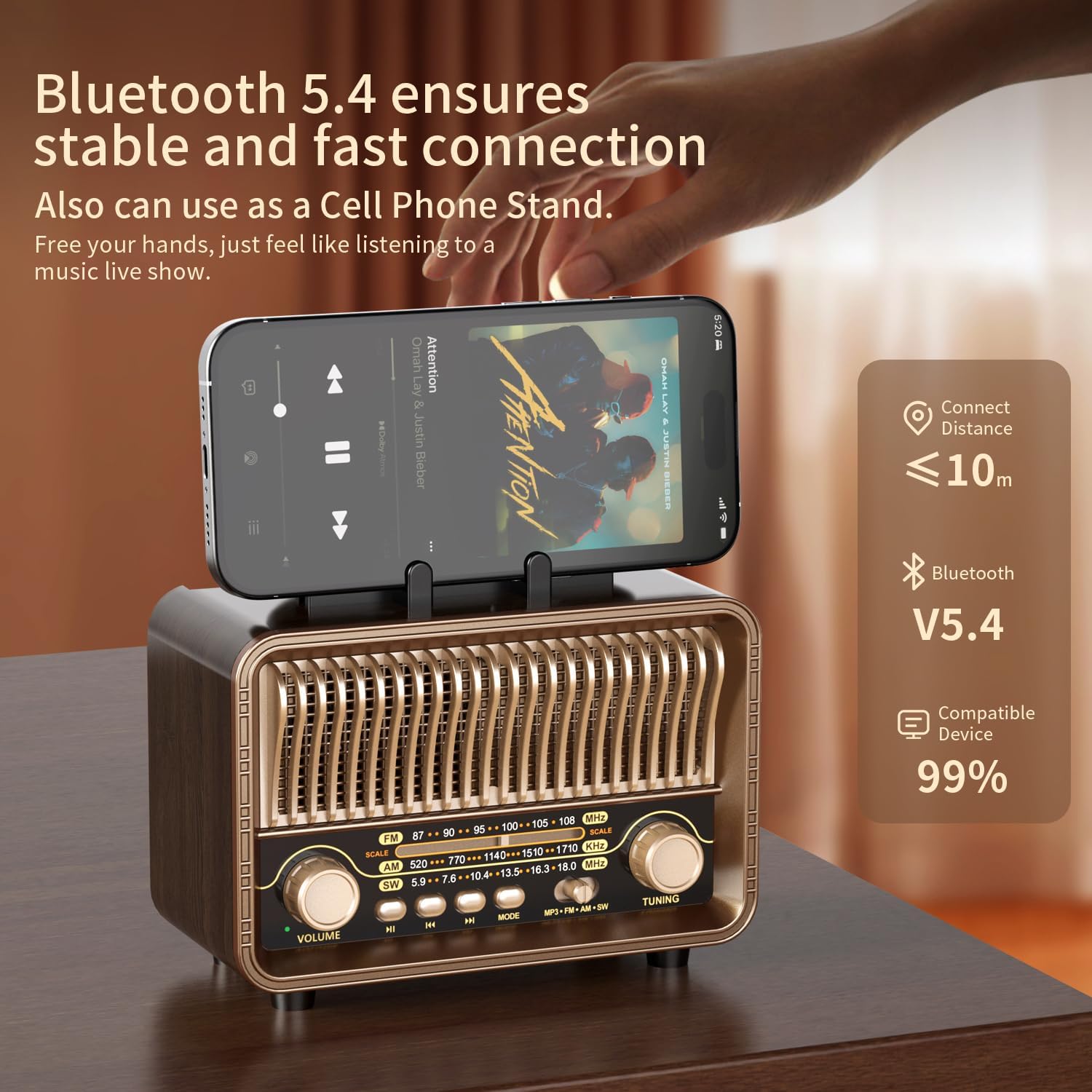 UMUTOO MG002 radio connected via Bluetooth, with a phone resting on its handle acting as a stand