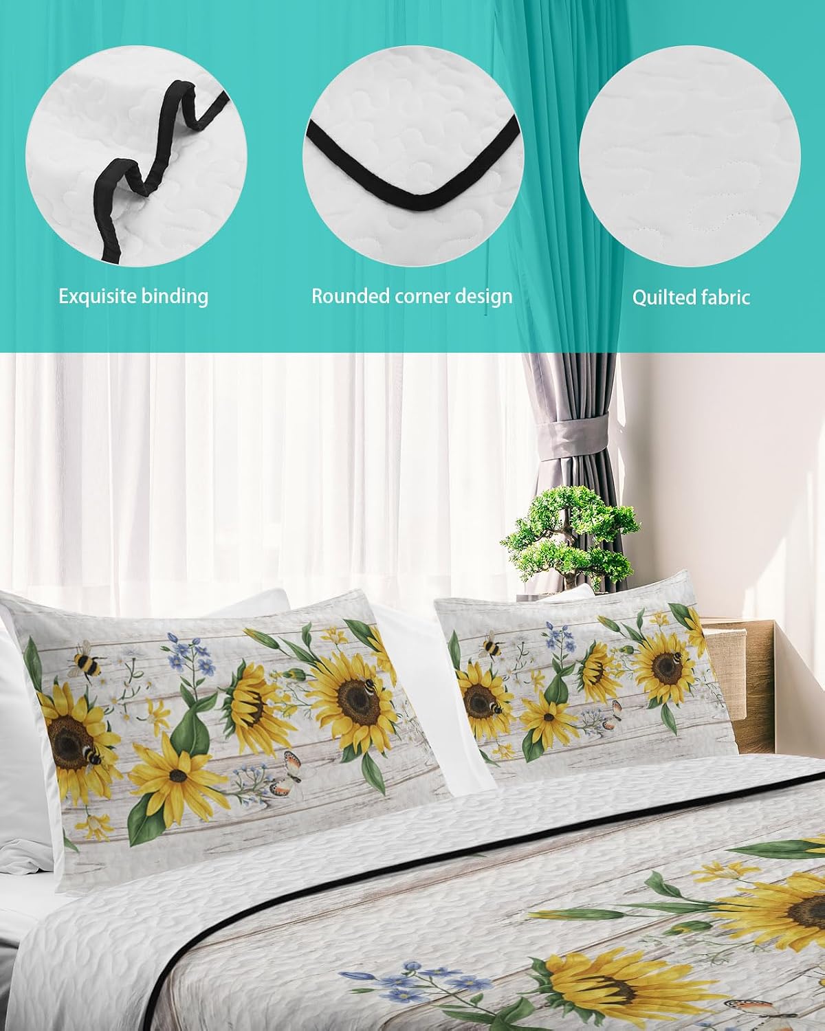 King Size Quilt Set, Farm Sunflowers Bee Lightweight Bedspread Coverlet Set Soft Microfiber Summer Quilt with 2 Pillow Shams, Country Butterfly on Wood 3 Piece Comforter Bedding Set
