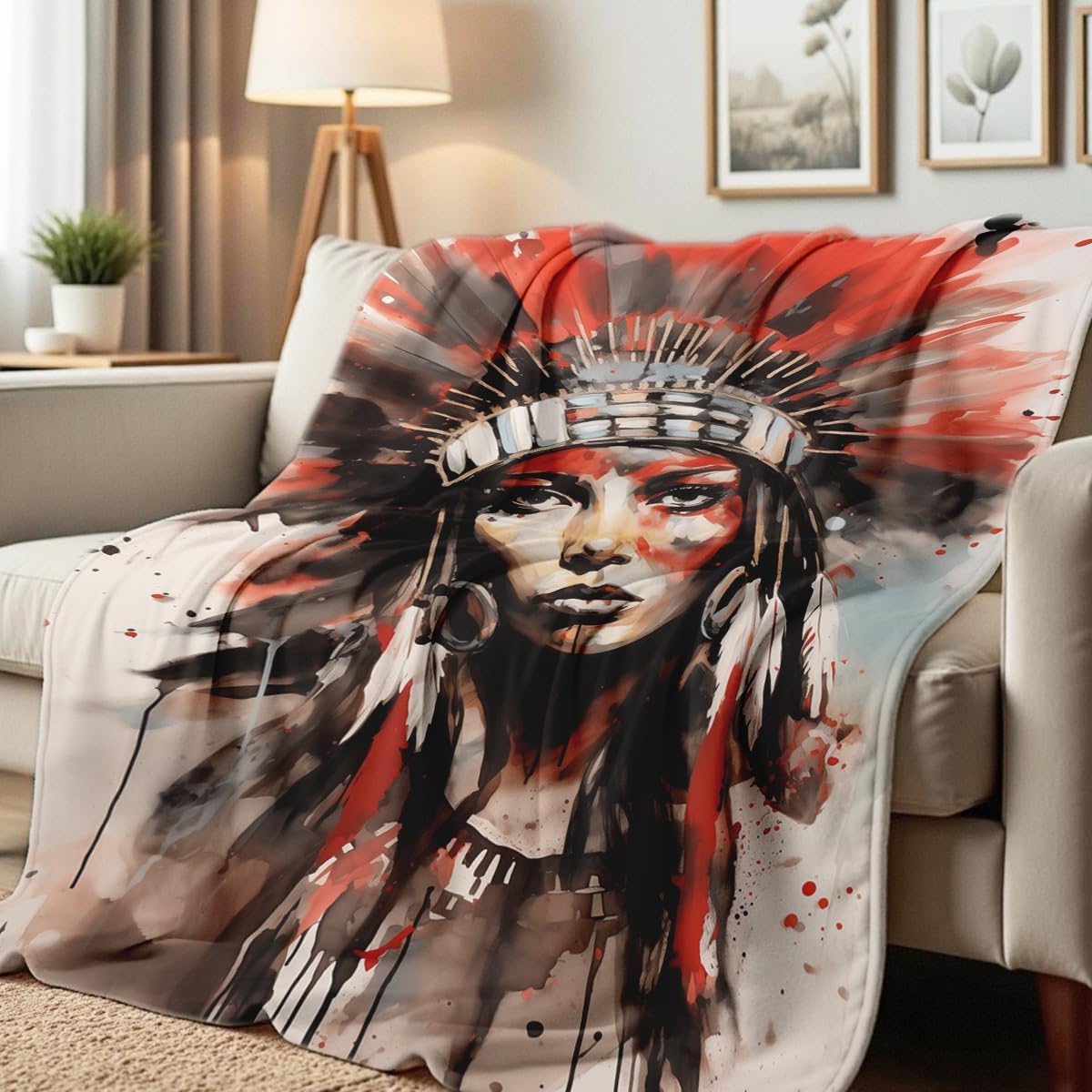 Native American Blanket Feather Headdress Print Blanket Indian Flannel Throw Gifts for Women Girls Adults Couch Sofa Bed (49"x59")