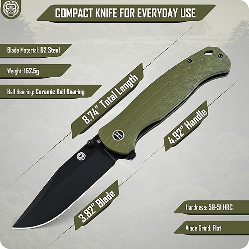 Miniatura 7 de Holtzman's Gorilla Survival Cuchillo plegable 'Wrangler' con hoja de acero D2 con mango G10 en caja de regalo (verde)