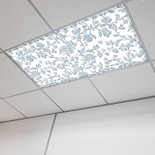 Pastoral Flowers Fluorescent Light Covers 1 Pack Vintage Light Blue Flower Farmhouse Plant Magnetic Fluorescent Ceiling Lights Filters for Office Classroom Home Drop Ceiling 4x2 Feet