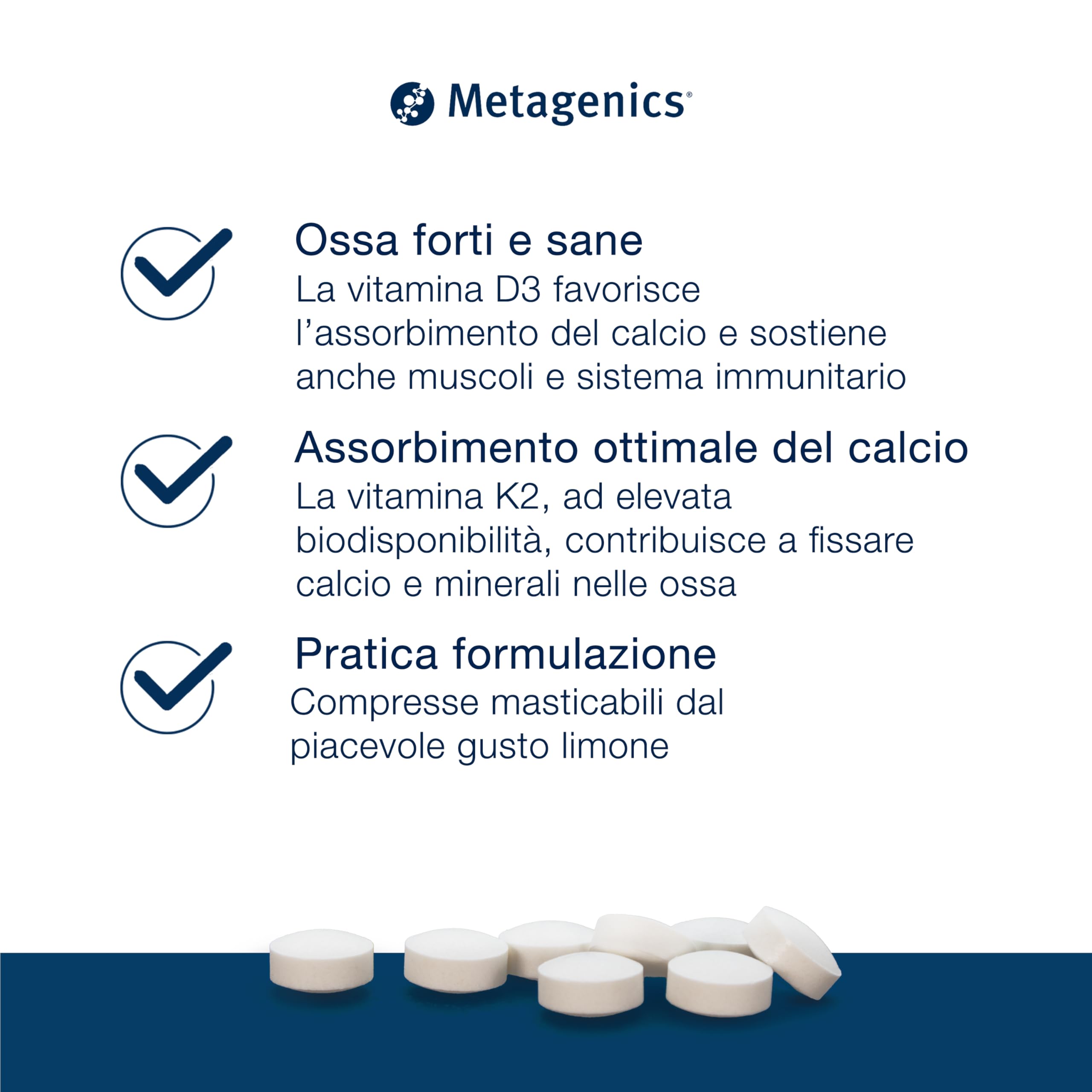 Metagenics Vitamina D3 + K2 - Sostiene la Salute delle Ossa - 56 Compresse Masticabili - Gusto Limone