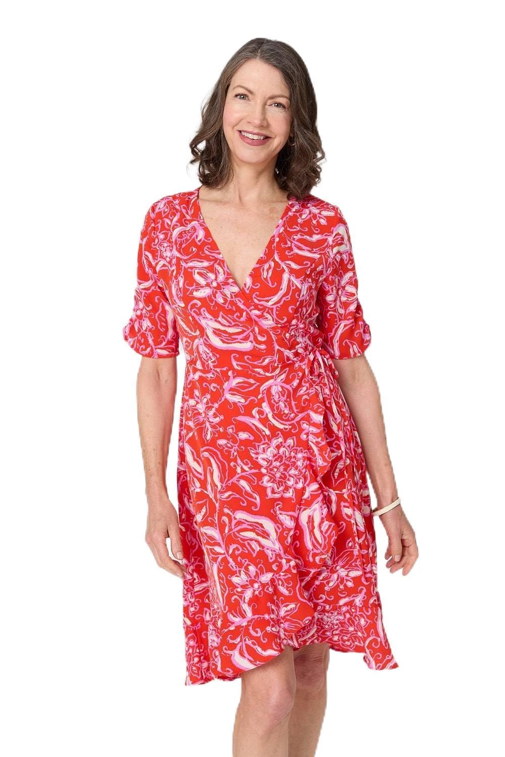 Izabel London Orange Printed Frill Wrap Knee Length Dress - Female Size 14