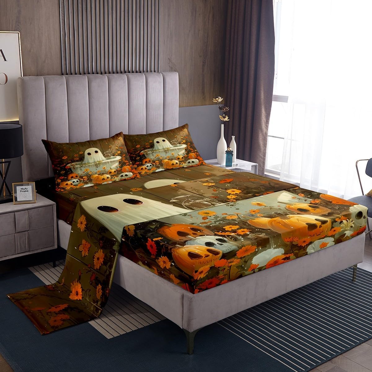 jejeloiu Halloween 4 Pieces Sheet with 16 Inch Deep Pockets for Girls Boys Kids Full Size Fall Pumpkin Bedding Room Decor Ghost Bathtub Bed Sheets Set Brown Bed Cover