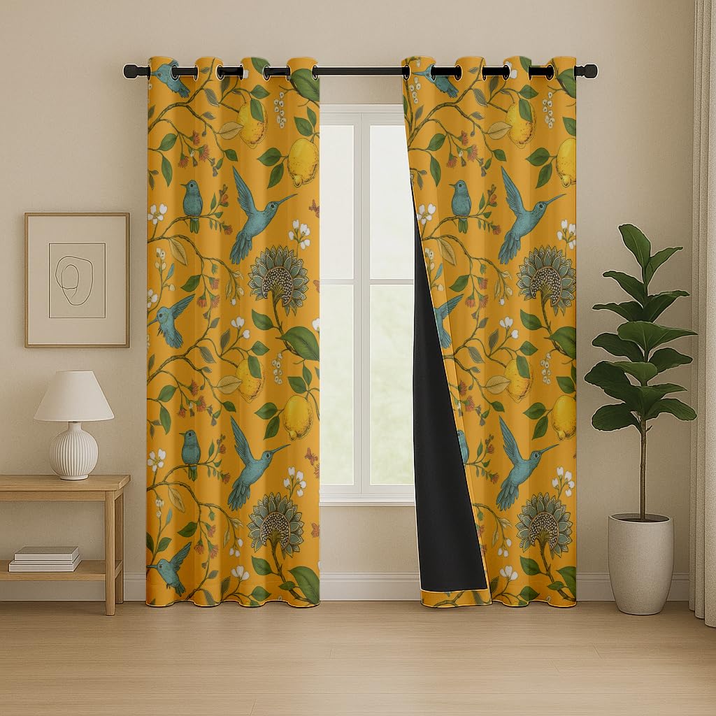 BFAM Floral Print 100% Blackout Curtain with Black Linning at Back, Floral Print Curtains for Living Room/Bedroom Thermal Insulated Energy Saving, Yellow Bird, 9FT, Pack of 1 Curtain-image-6