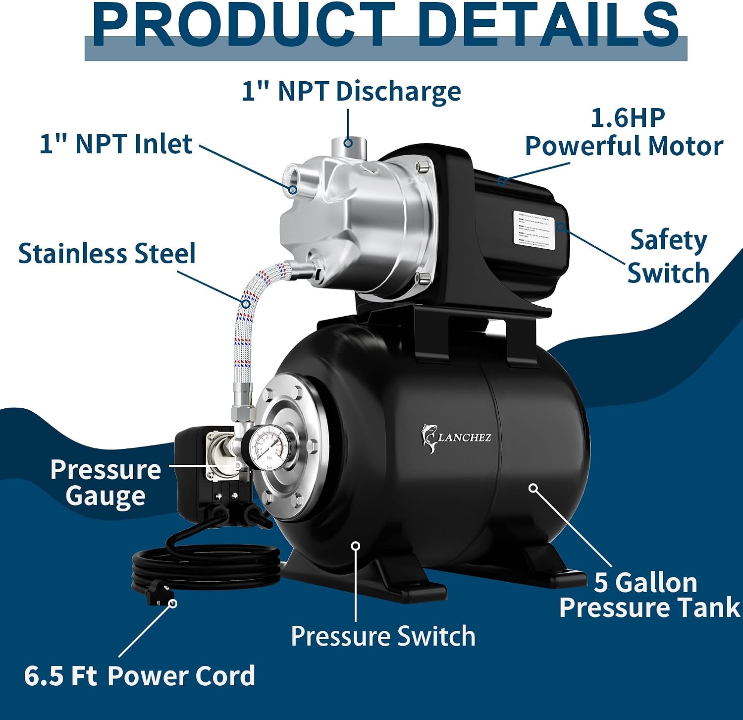 Lanchez 1.6HP Shallow Well Garden Pump, Stainless Steel Irrigation Pump, 1340 GPH, Automatic Water Booster Jet Pump for Home, Garden, Lawn,Irrigation, 115V, Glossy black thumbnail