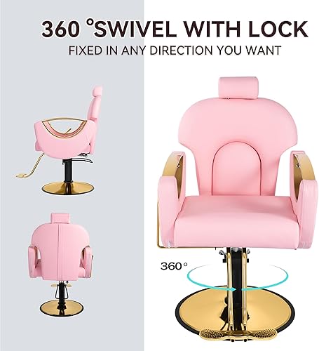 Miniatura 7 de Halamine Silla de peluquería reclinable, silla de salón rosa para estilista, silla de peluquería resistente, silla de peluquería trenzada, altura