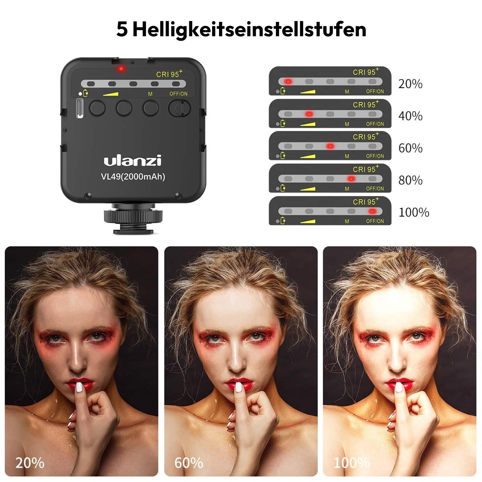 Camera Light, ULANZI VL49 Video Licht mit 2000mAh Akku, LED Videoleuchte 5500K Einstellbar, 3 Cold Shoe für Mikros und Lampen, Dauerlicht für Kamera Foto Schwarz