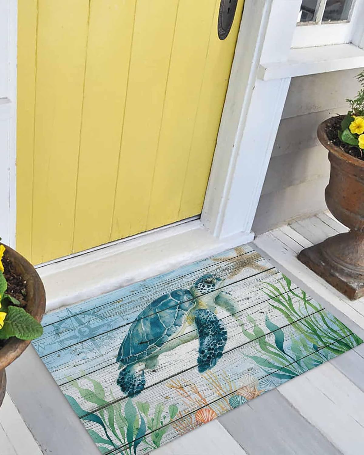 Front Door Mat Indoor Outdoor Sea Turtle Seagrass Starfish Non-Slip Doormat Low Profile Patio Porch Entryway Rug 24x36in Nautical Compass Blue Gradient