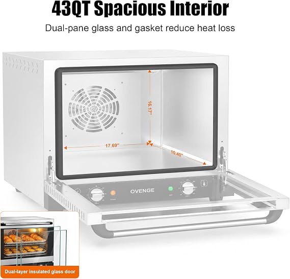 Commercial Countertop Convection Oven 43QT & 47L 110V-120V 360 Even Hot Air Circulation, Precise Thermostat, 120-Min Auto-Shutoff Timer, 4 Racks, Double-Layer Glass Door