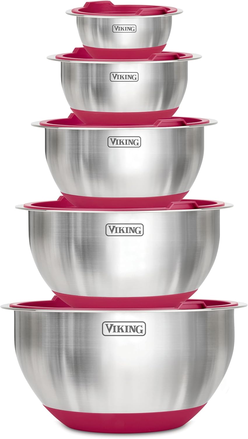 Viking Mixing Bowls Set, 10 Piece Stainless Steel Kitchen Cookware, Non-Slip Silicone Base, Includes Tight Fit Lids, Dishwasher Safe, Red - Thumbnail 2