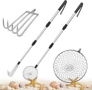 Beach Sand Sifter Rake With Telescoping Pole - 8-Tooth Clam Digger & Scoop For Shells & Shark Teeth