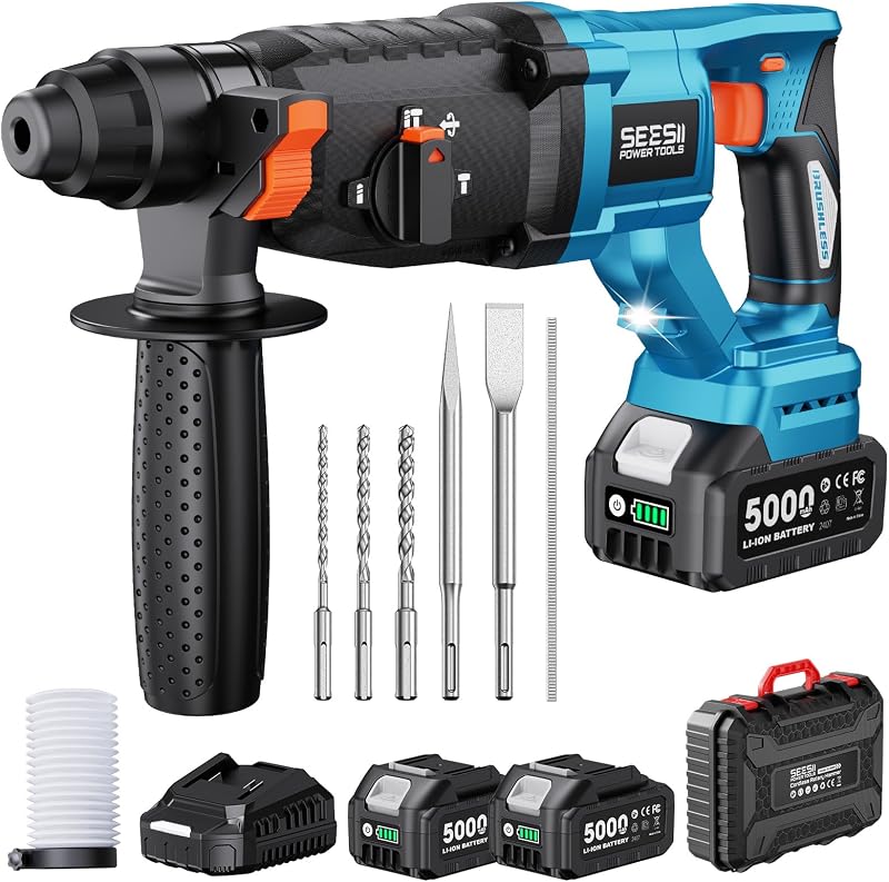 1" Cordless SDS-Plus Rotary Hammer Drill, 2 x 5.0Ah Batteries, 3.2J | Brushless Motor, 4 Modes with Kickback Protection, Dust Cover, Chisels, Drill Bits for Concrete Drilling & Home Renovation