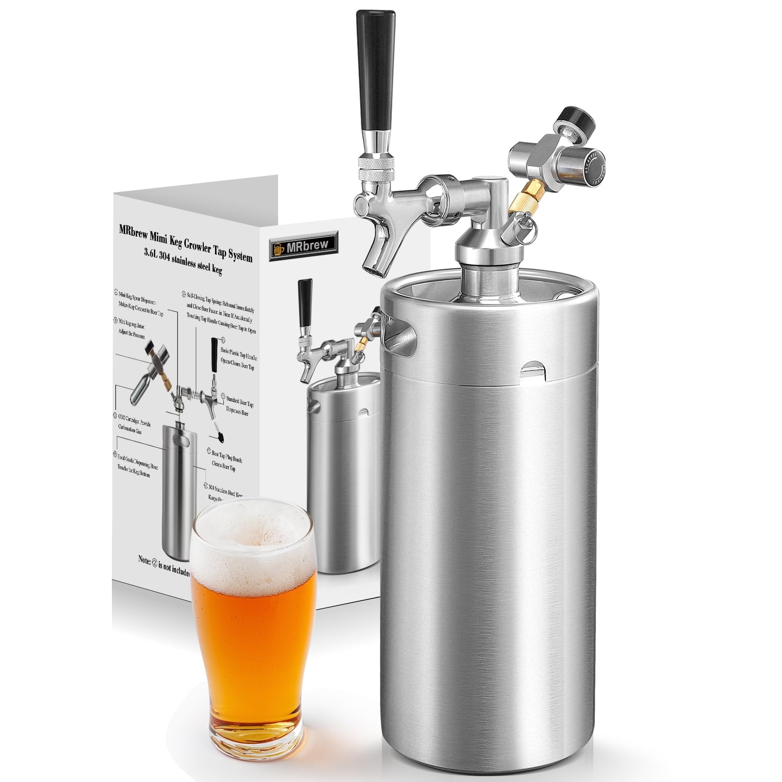 MRbrew Mini barril de 3,628.7 g, sistema de dispensador portátil de cerveza de barril de acero inoxidable presurizado, sistema de grifo de cerveza mini Kegerator, con grifo de cerveza profesional y