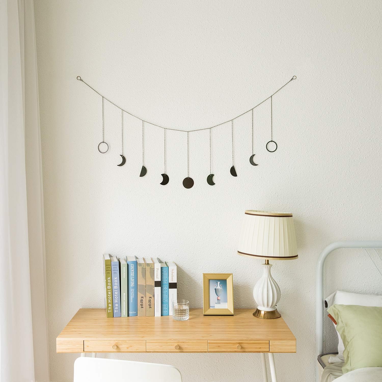 Mkono Moon Phase Wall Hanging Boho Aesthetic Room Decor Metal Moons Garland Hanging Art Bohemian Home Decoration for Girls Room Nursery Bedroom Livingroom Dorm, Ideal Gift, Black, 50"