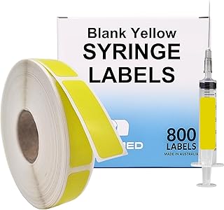 Blank Yellow Medical Syringe Labels - 800 Write-On Medication Labels on Roll in Dispense Box. 12mm x 40mm (0.5" x 1.5") Stickers. Strong Latex-Free Permanent Adhesive.