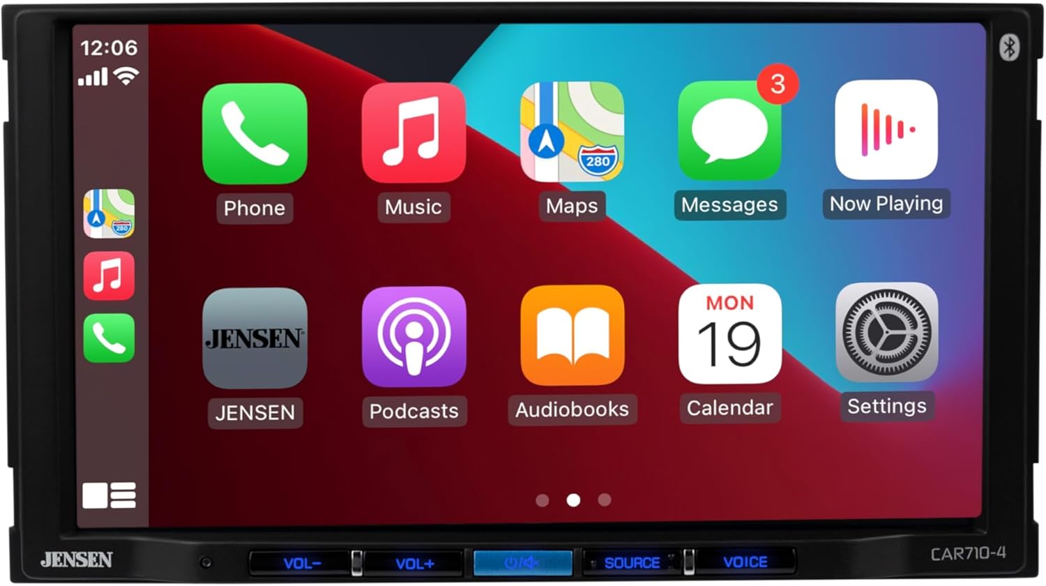 Front view of the JENSEN CAR710-4 displaying the Apple CarPlay interface.