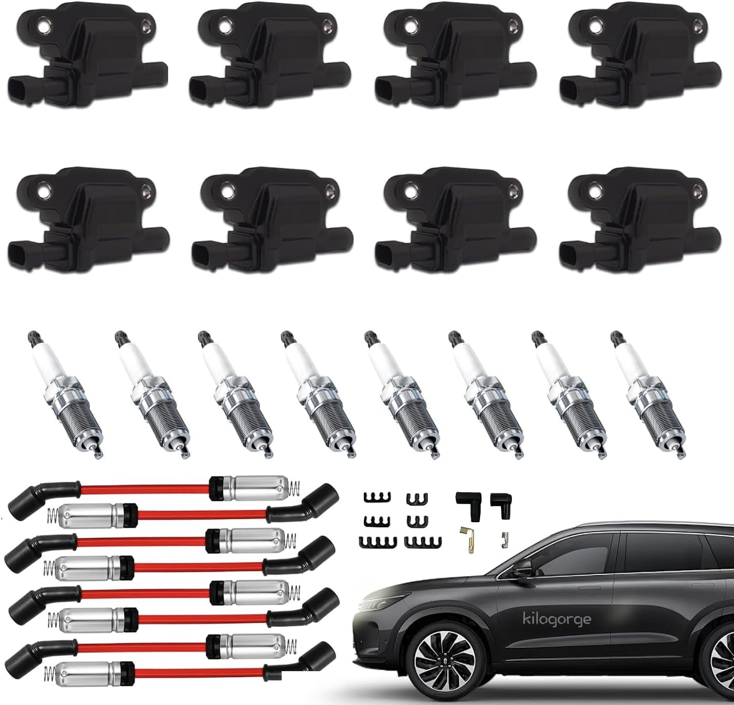 tune up kit spark plugs and wires coil, 8 Packs UF413 D510C D513A Ignition Coil Packs (Square) and Spark Plugs and Wires for V8 2007-2018 Chevy Silverado Suburban Tahoe