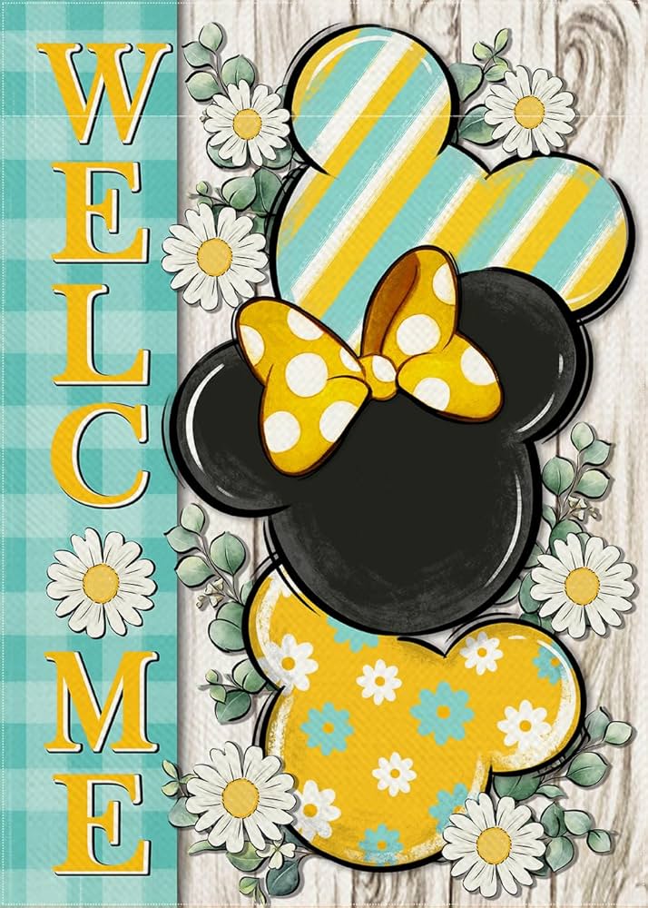 Covido Welcome Spring Cartoon Mouse Decorative Garden Flag, Daisy Flower Yellow Teal Plaid Stripes Yard Outside Decorations, Summer Farmhouse Outdoor Small Home Decor Double Sided 12 x 18