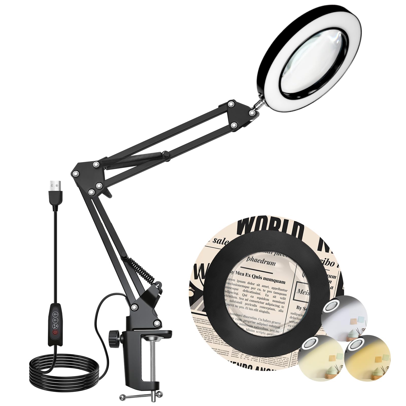 Lupa con Luz y Soporte, Lupa LED de 10 Aumentos con Clip | Lámpara de Aumento, 3 Modos de Color y Lupa LED Regulable, Ideal para Reparaciones de Bricolaje y Primeros Planos