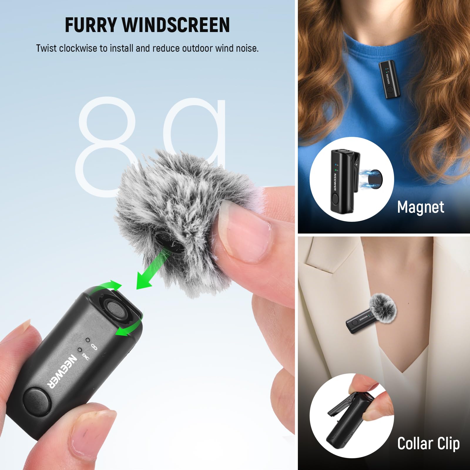 NEEWER KM23Max Bezprzewodowy mikrofon krawatowy 48 kHz/24 bit, zasięg 100 m, 8 H, bateria z redukcją szumów, wielokierunkowy mini mikrofon USB C, kompatybilny z DJI Insta360, iPhone, Android, PC (1x