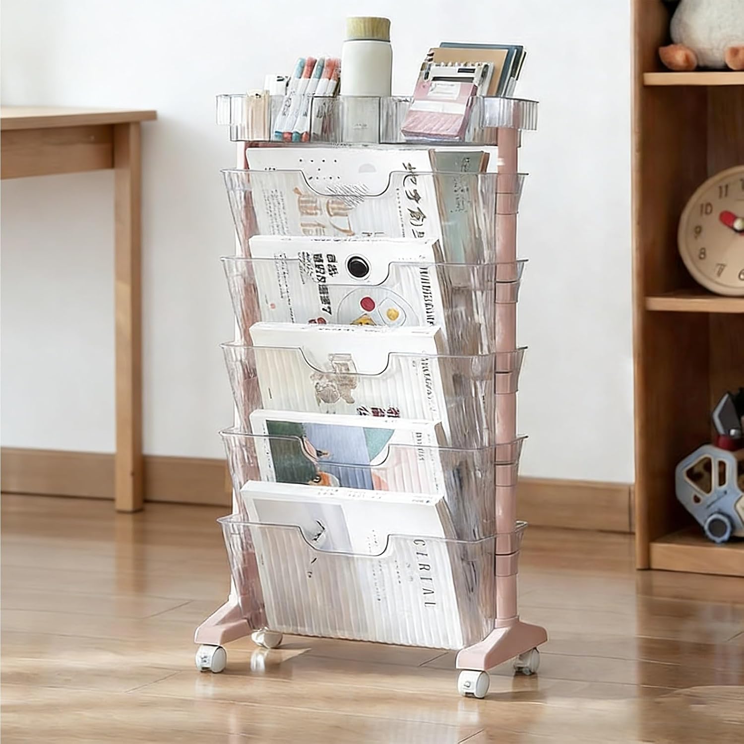 6-Tier Mobile Bookshelf with Wheels, Rolling PET Office Paper Organizer, Slanted Open Design, Slim Mobile Clear Storage Cart for Classroom Bedroom Library Study(Pink)