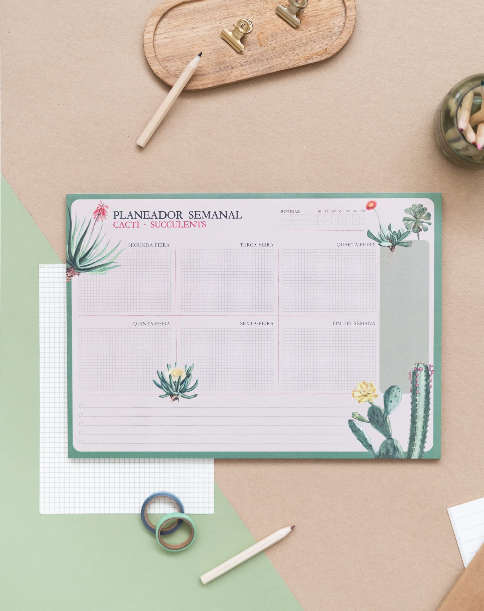 Grupo Erik Portuguese Version Botanical Cacti A4 Desk Pad with Daily, Weekly and Monthly Calendar | Desktop Planner | Desktop Note Pad | 54 Undated Tear Off Sheets | 8.3 x 11.7 inches | to Do List - Image 2