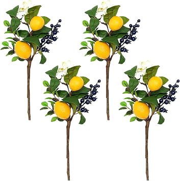 BestAlice 4 PCS Artificial Blueberry Lemon Branches, Handmade Blueberry and Yellow Lemon Stems, Fake Lemon Decor for Vase, Highly Simulation Lifelike Branches for Vase Home Decor