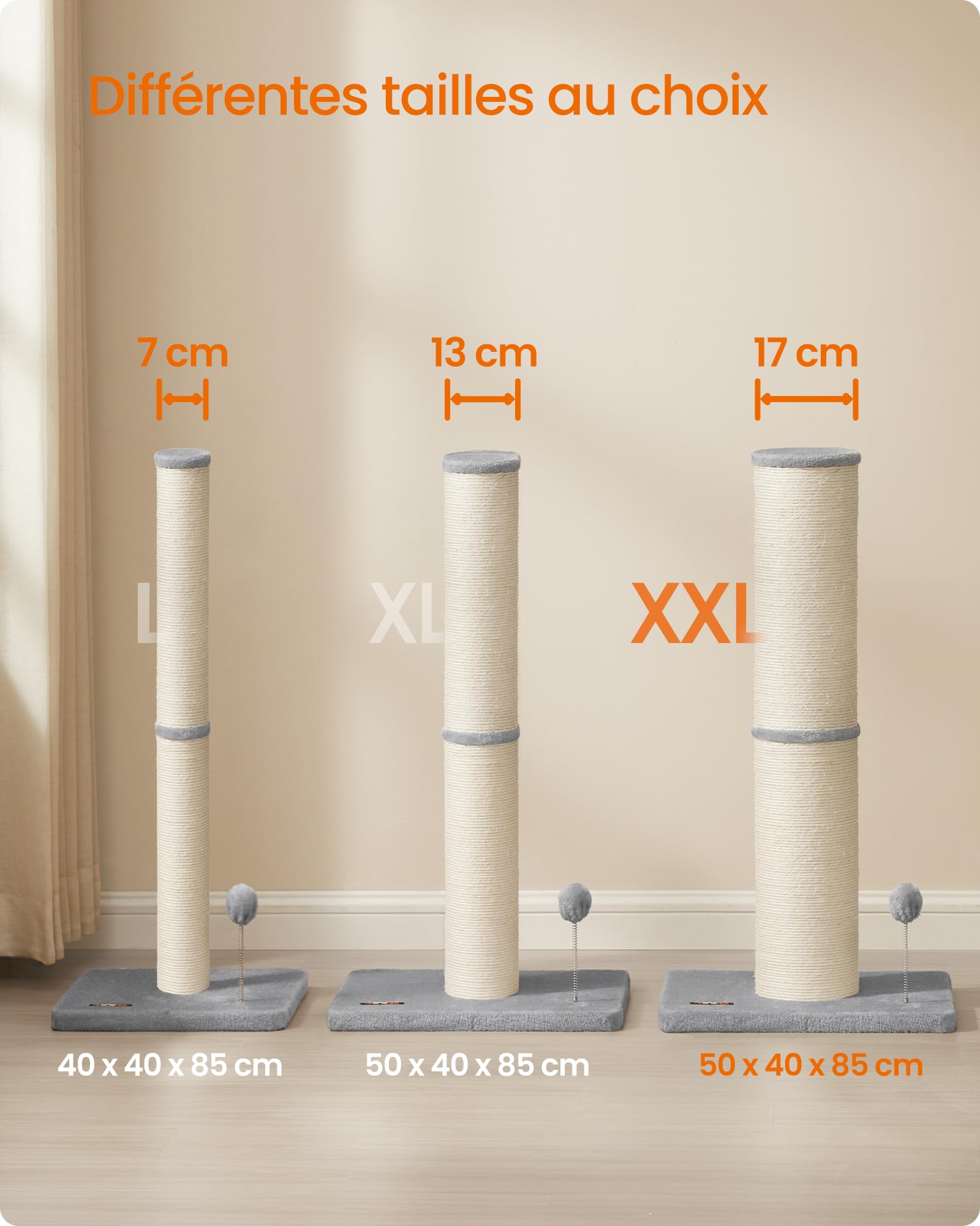 Feandrea Arbre à Chat XXL, 85 cm de Haut, Tronc de 17 cm d'Épaisseur, Poteau à Griffer Adapté aux Grands Chats comme Le Maine Coon, en Sisal, avec Balle, Clochette, Gris Tourterelle PCA042G01
