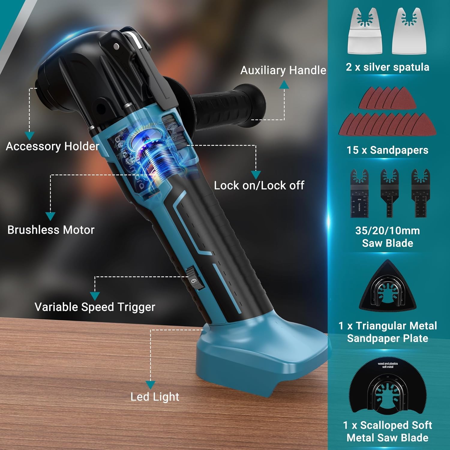 Herramienta multifunción oscilante inalámbrica, compatible con Makita 18V | sin batería, 6 velocidades variables, juego de accesorios de 23 piezas para cortar, lijar, ras