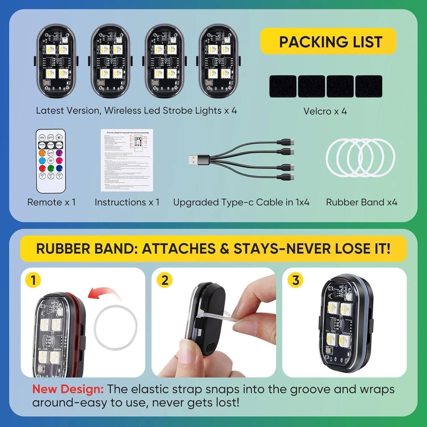 Wireless RGB LED Lights with Remote Control, Flux High Brightness Wireless LED Strobe Light, 8 Colors 10 Flash Modes USB Charging, for Drone Car Motorcycle Bike (8PCS)