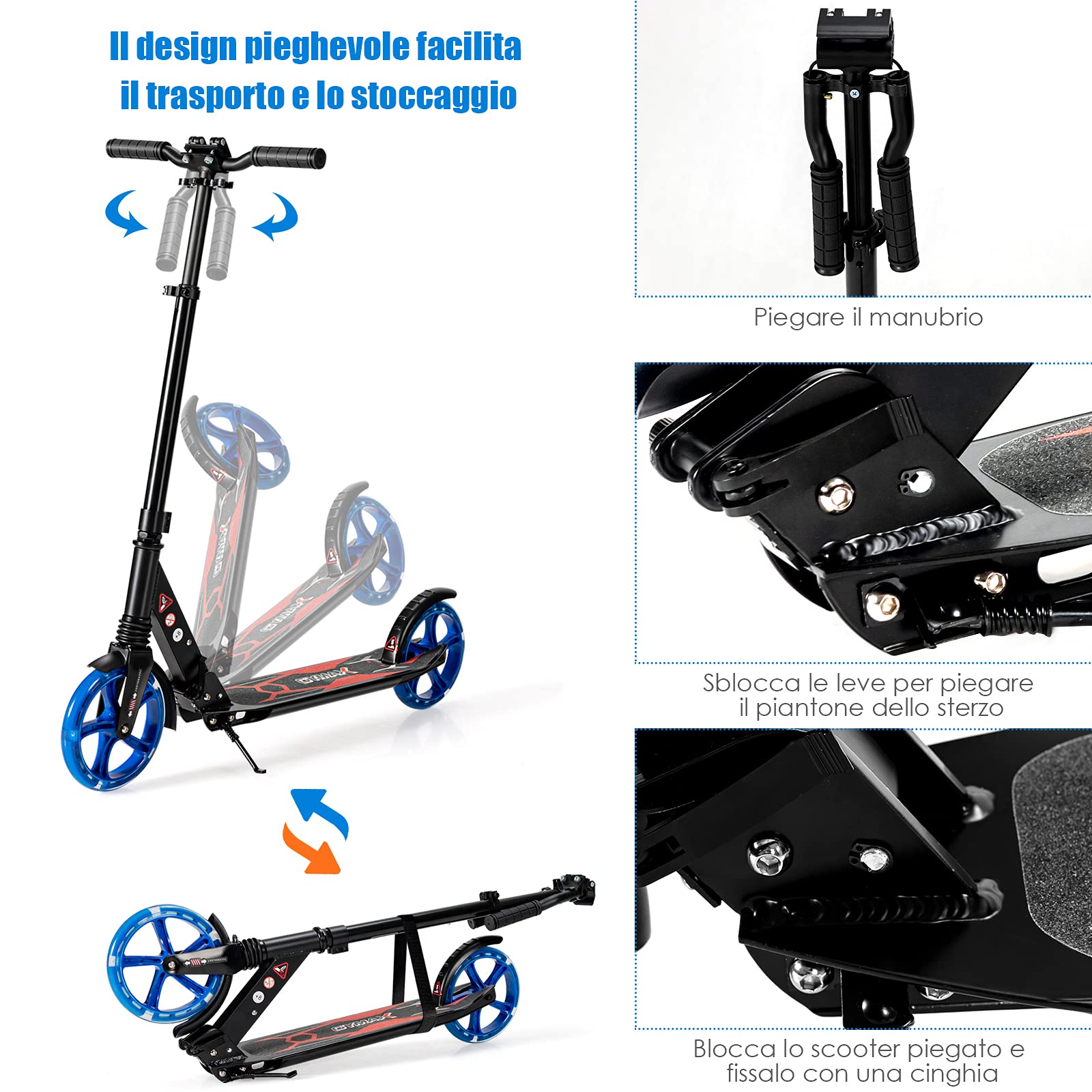COSTWAY Scooter Monopattino a Spinta per Bambini Pieghevole e Regolabile in Altezza (91-106 cm), con Ruote Luminose e Cavalletto, Carico Massimo 100kg