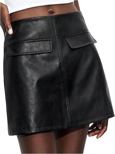 MakeMeChic Women's PU Leather Short Skirt High Waisted A Line Mini Skirts Black 