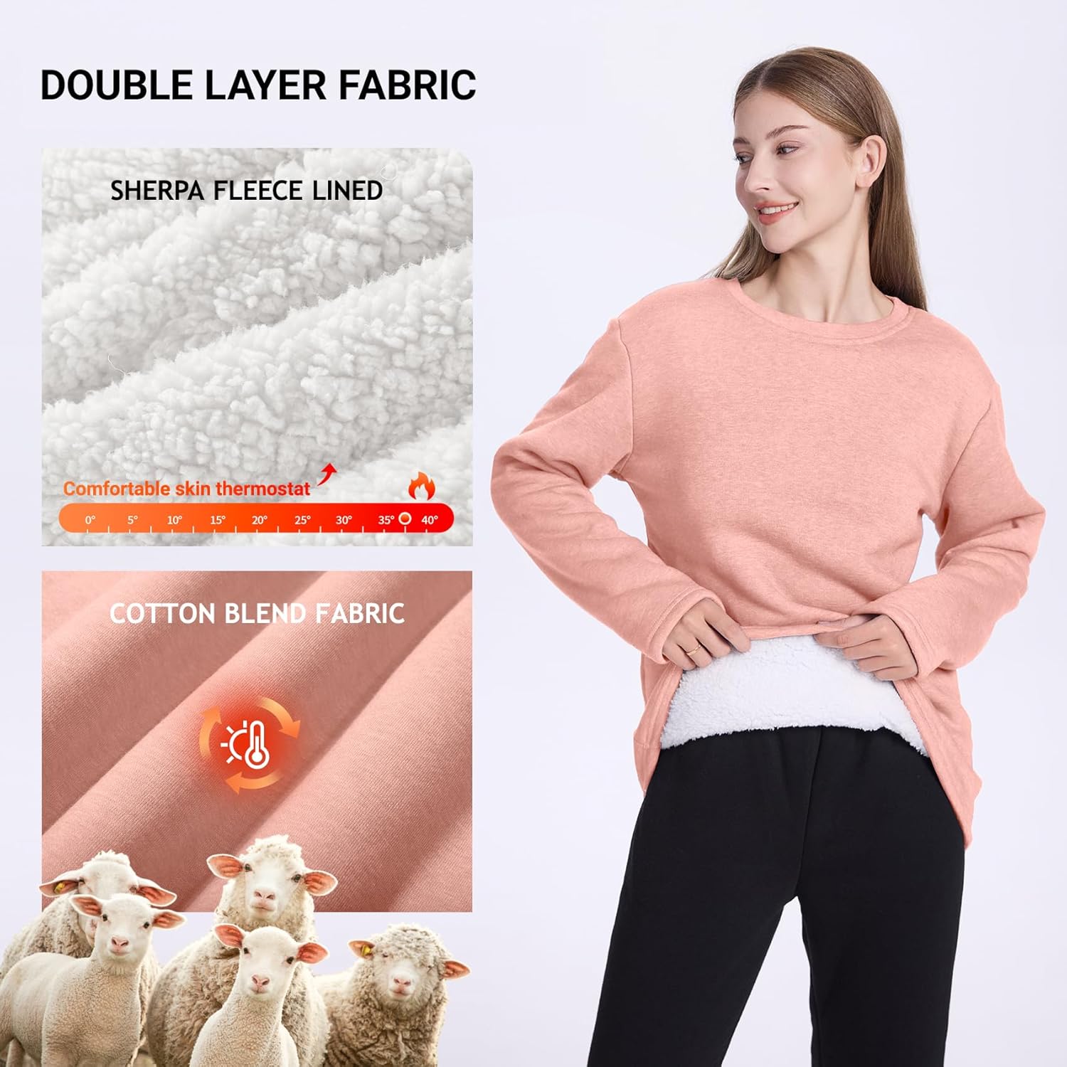 PEHMEA Women's Warm Sherpa Lined Fleece Pullover Winter Crewneck Sweatshirt Loungewear Tunic Tops - Image 4